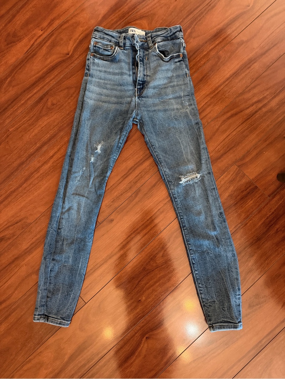 Zara Medium Wash Skinny Jeans with Distressed Knees